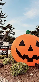 A giant orange jack-o’-lantern inflatable at Oceanpoint Ranch, with a “Fireplaces” and “Beach Pool” sign nearby, outdoors.